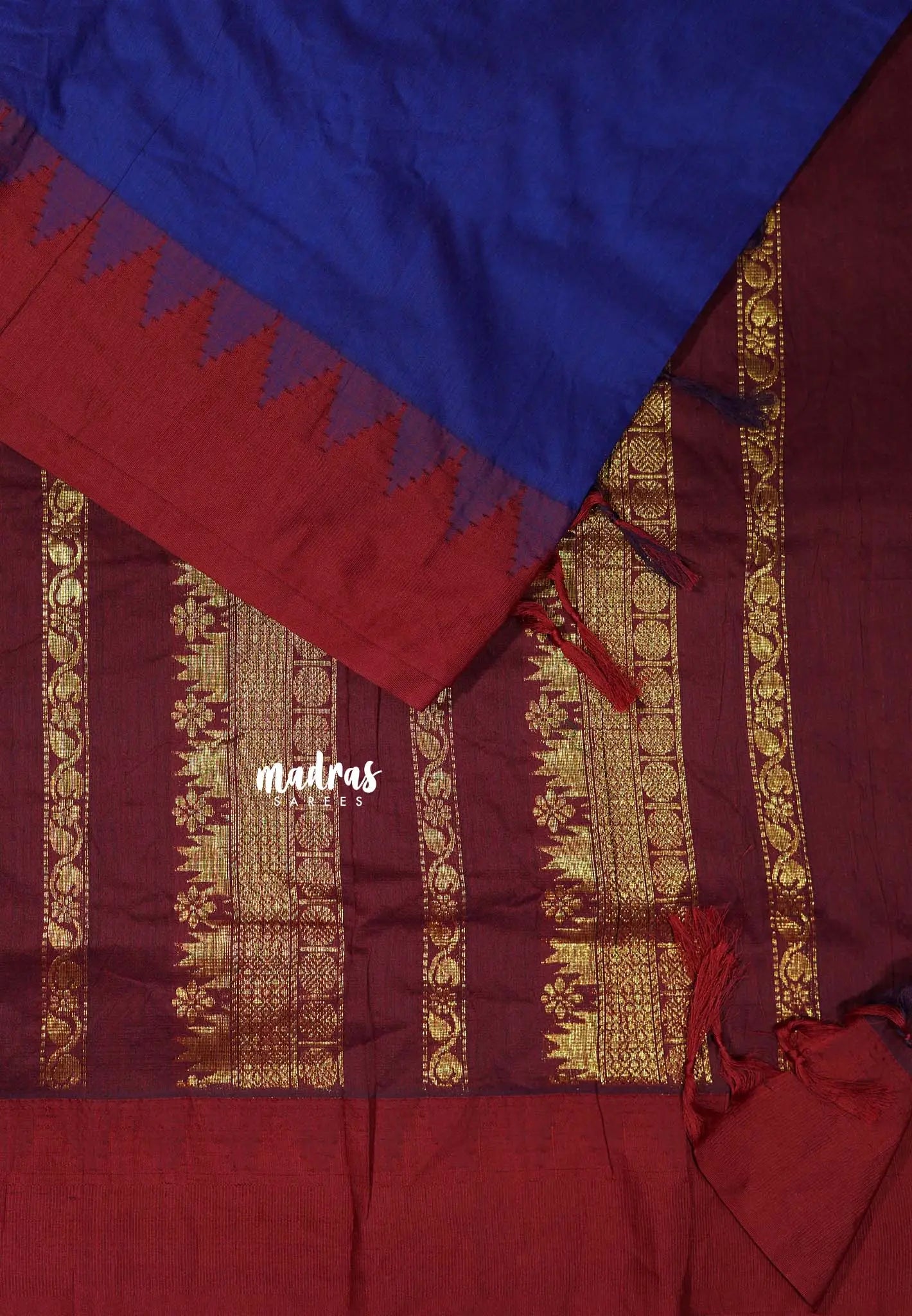 Violet Blue with Maroon - Vintage Gadwal silk cotton with Temple Border