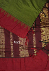 Oilve Green with Maroon - Vintage Gadwal silk cotton with Temple Border