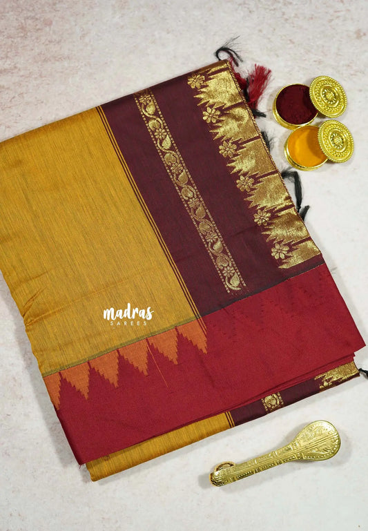 Mustard Yellow with Green - Vintage Gadwal silk cotton with Temple Border