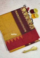 Mustard Yellow with Green - Vintage Gadwal silk cotton with Temple Border