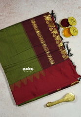 Oilve Green with Maroon - Vintage Gadwal silk cotton with Temple Border
