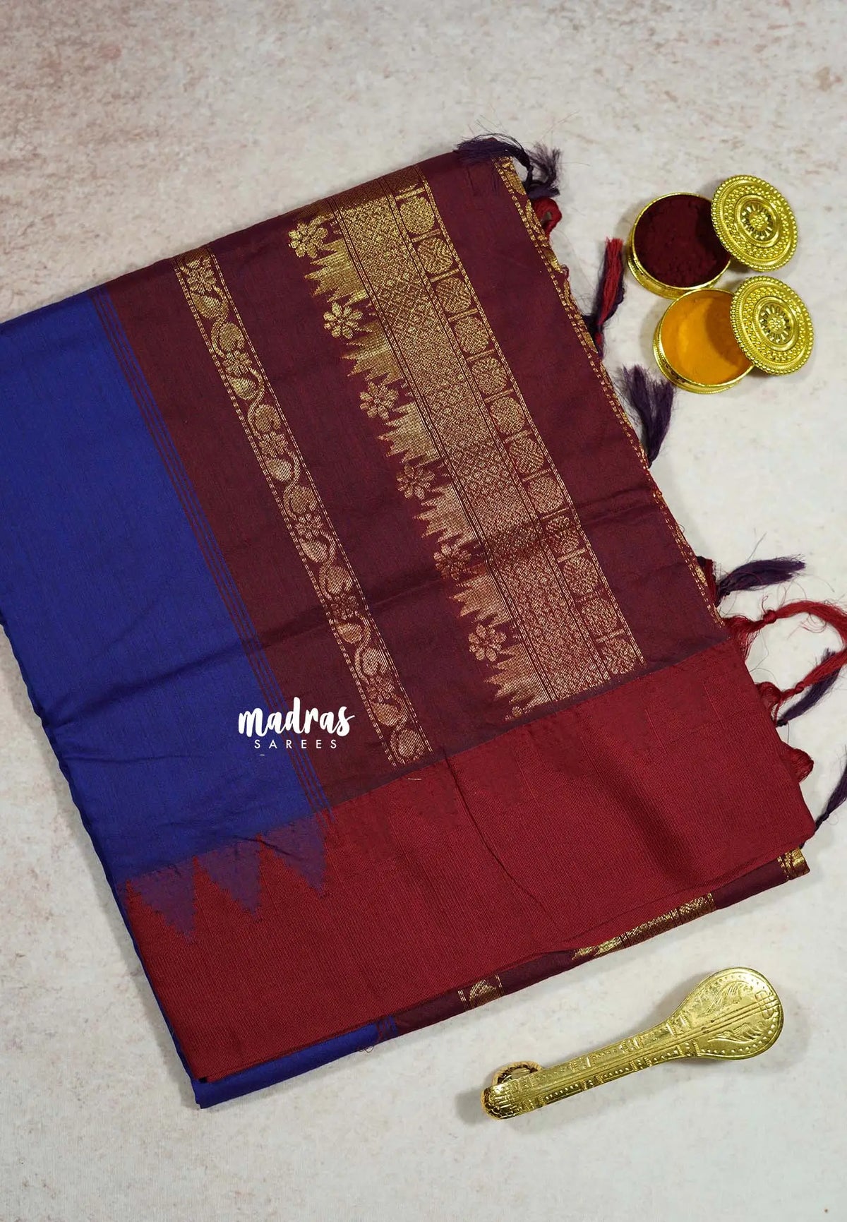 Violet Blue with Maroon - Vintage Gadwal silk cotton with Temple Border