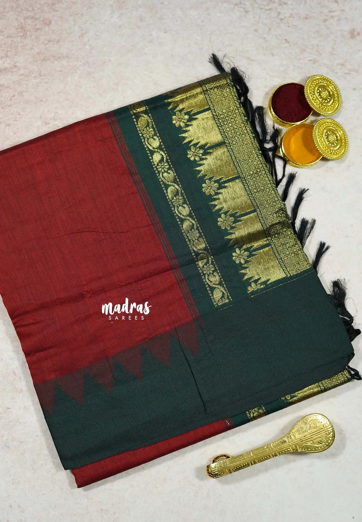 Maroon with Green - Vintage Gadwal silk cotton with Temple Border