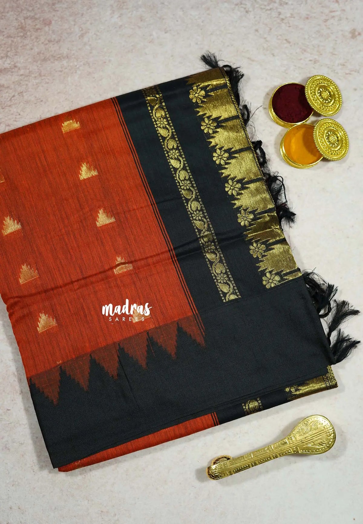 Orange with Green - Vintage Gadwal silk cotton with Temple Border with Buttas