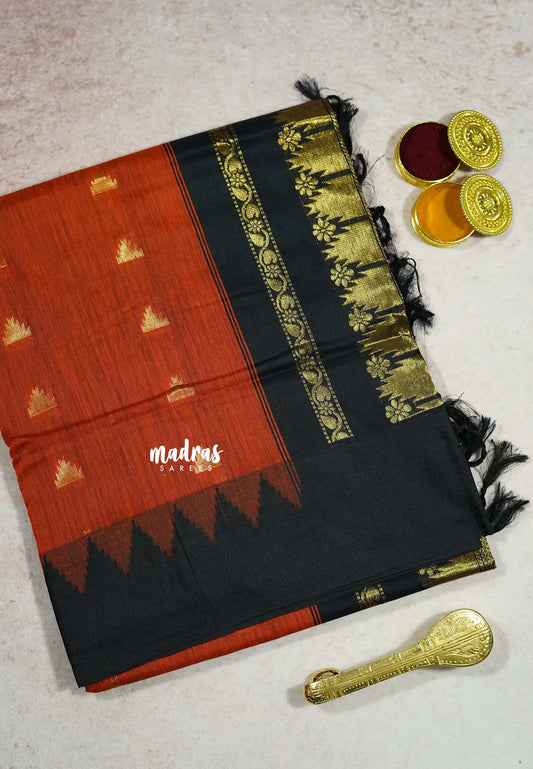 Orange with Green - Vintage Gadwal silk cotton with Temple Border with Buttas