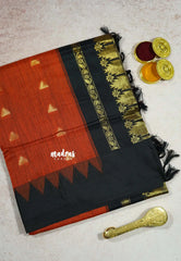 Orange with Green - Vintage Gadwal silk cotton with Temple Border with Buttas