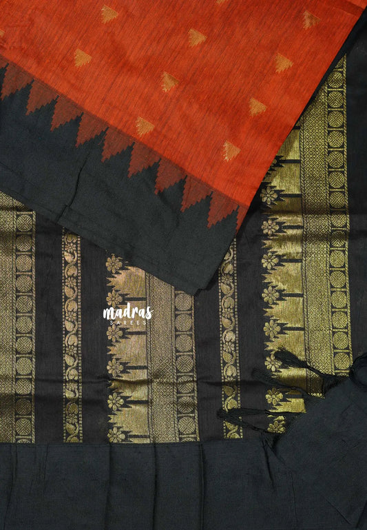 Orange with Green - Vintage Gadwal silk cotton with Temple Border with Buttas