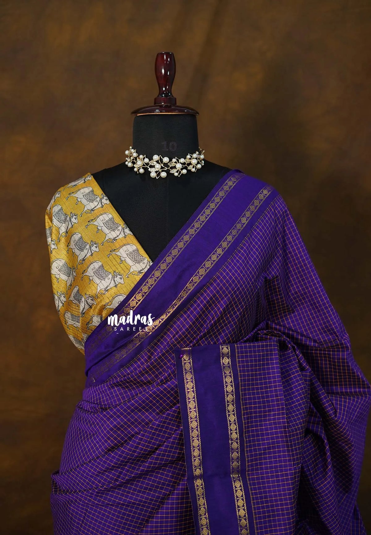 Royal Violet - Vintage gadwal silk cotton plain body multi chain boder with pichwai blouse combo