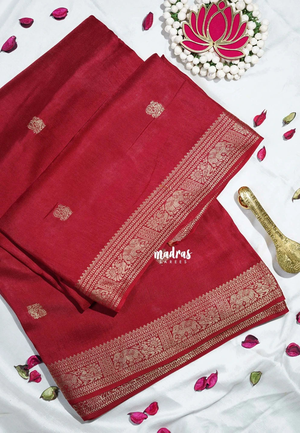 Reddish Maroon - Durga - Banarasi Premium Viscose Silk with Yaanai, Mayil Border and Mayil Buttas - Best for Pooja Functions | Diwali Festive