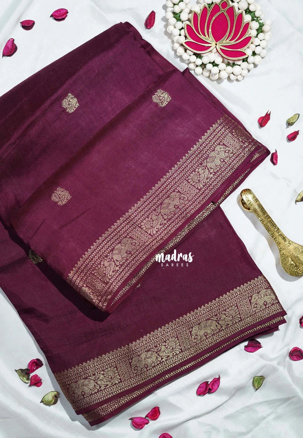 Mulberry Purple - Durga - Banarasi Premium Viscose Silk with Yaanai, Mayil Border and Mayil Buttas - Best for Pooja Functions | Diwali Festive