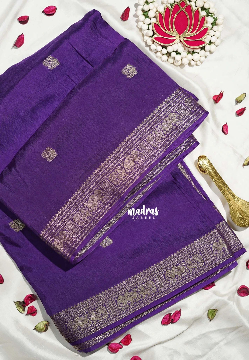 Royal Purple - Durga - Banarasi Premium Viscose Silk with Yaanai, Mayil Border and Mayil Buttas - Best for Pooja Functions | Diwali Festive