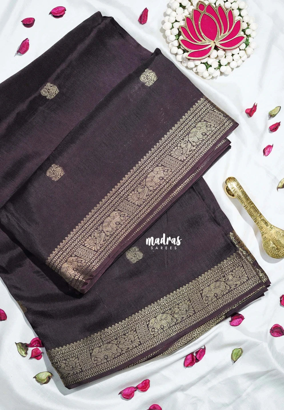 Coffee Podi Brown - Durga - Banarasi Premium Viscose Silk with Yaanai, Mayil Border and Mayil Buttas - Best for Pooja Functions | Diwali Festive