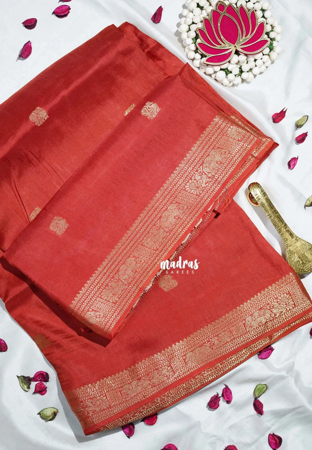Rust Orange - Durga - Banarasi Premium Viscose Silk with Yaanai, Mayil Border and Mayil Buttas - Best for Pooja Functions | Diwali Festive