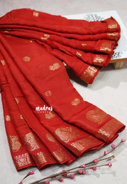 Dark Red - Viscous Georgette with Zari peacock Border with Buttas