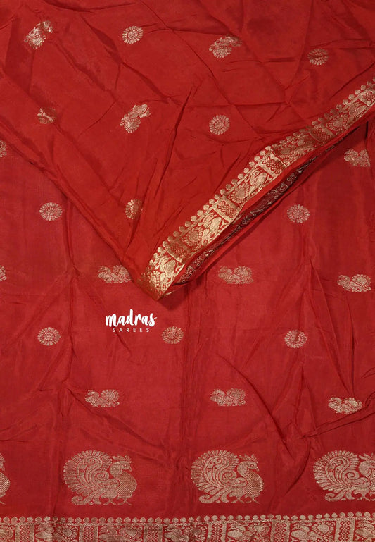 Dark Red - Viscous Georgette with Zari peacock Border with Buttas