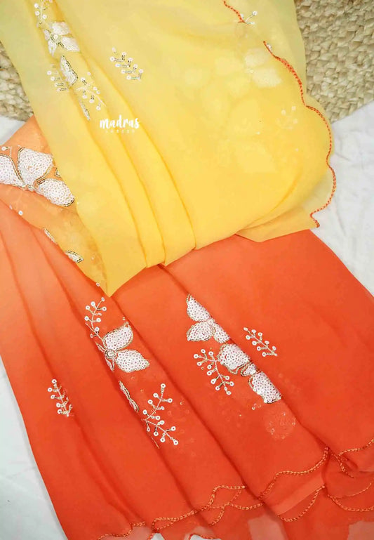 Soundarya inspired - Viscous Georgette Gradient sequence embroidery saree - Orange yellow shade