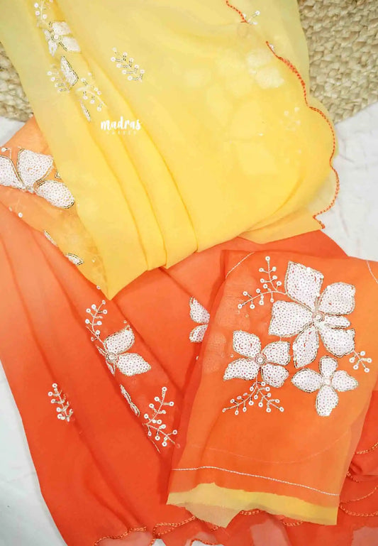 Soundarya inspired - Viscous Georgette Gradient sequence embroidery saree - Orange yellow shade