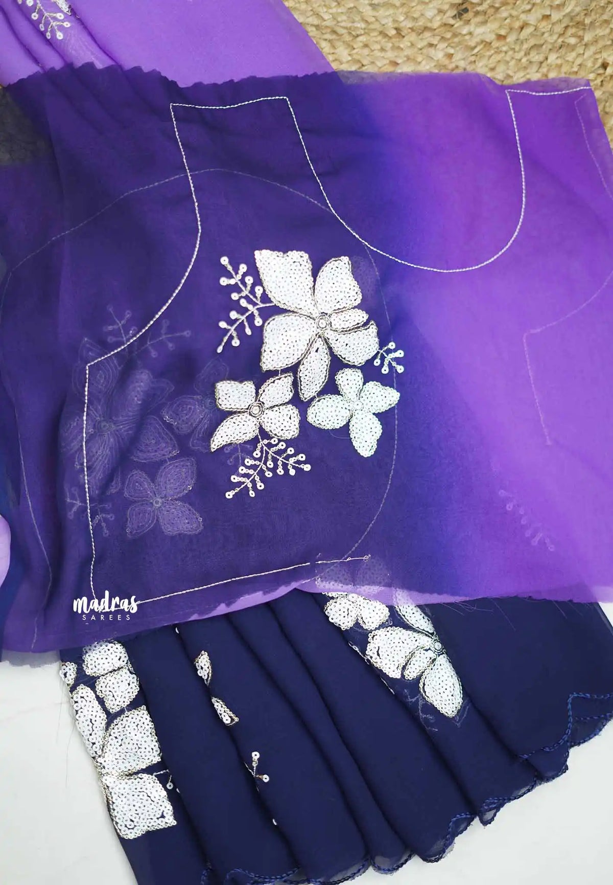 Soundarya inspired - Viscous Georgette Gradient sequence embroidery saree - Purple blue shade