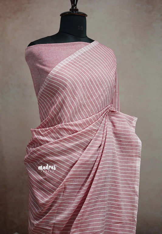 Stripes khadi linen Flamingo Pink - VJ Ramya saree