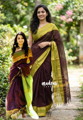 Coffee Brown - Karthigai silk cotton plain saree with Rettapetta Border - VTV Trisha inspired