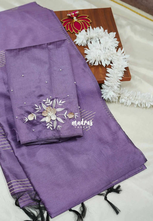 Lavender - Semi Tussar Silk Saree with Shell Embroidered Blouse