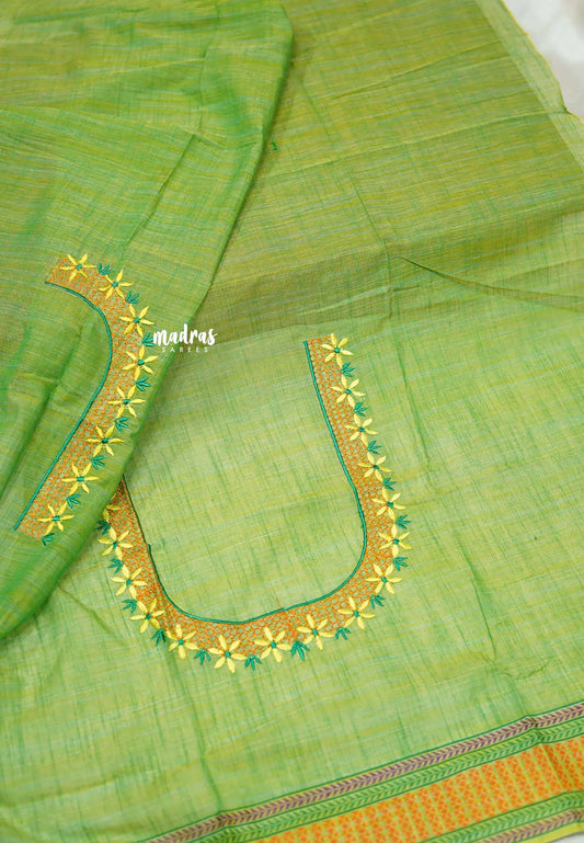 Lemon yellow khadi cotton Saree with Lime green Embroidered Blouse