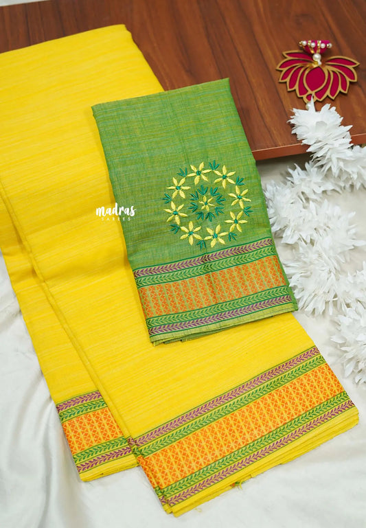 Lemon yellow khadi cotton Saree with Lime green Embroidered Blouse