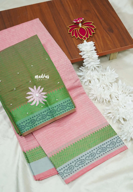 Peach-pink khadi cotton Saree with Green floral Embroidered Blouse