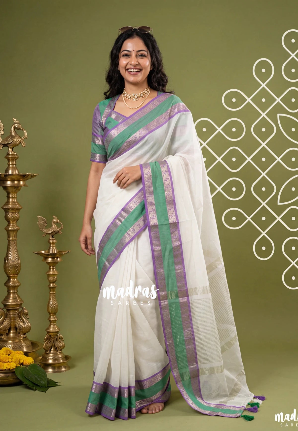 Ivory White -  Maheswari - Premium Lightweight Cotton Silk with Rettapet Border - Perfect for Festive Wear