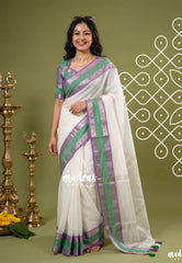 Ivory White -  Maheswari - Premium Lightweight Cotton Silk with Rettapet Border - Perfect for Festive Wear