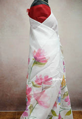 White Linen cotton with floral prints with Red raw silk blouse