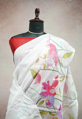 White Linen cotton with floral prints with Red raw silk blouse