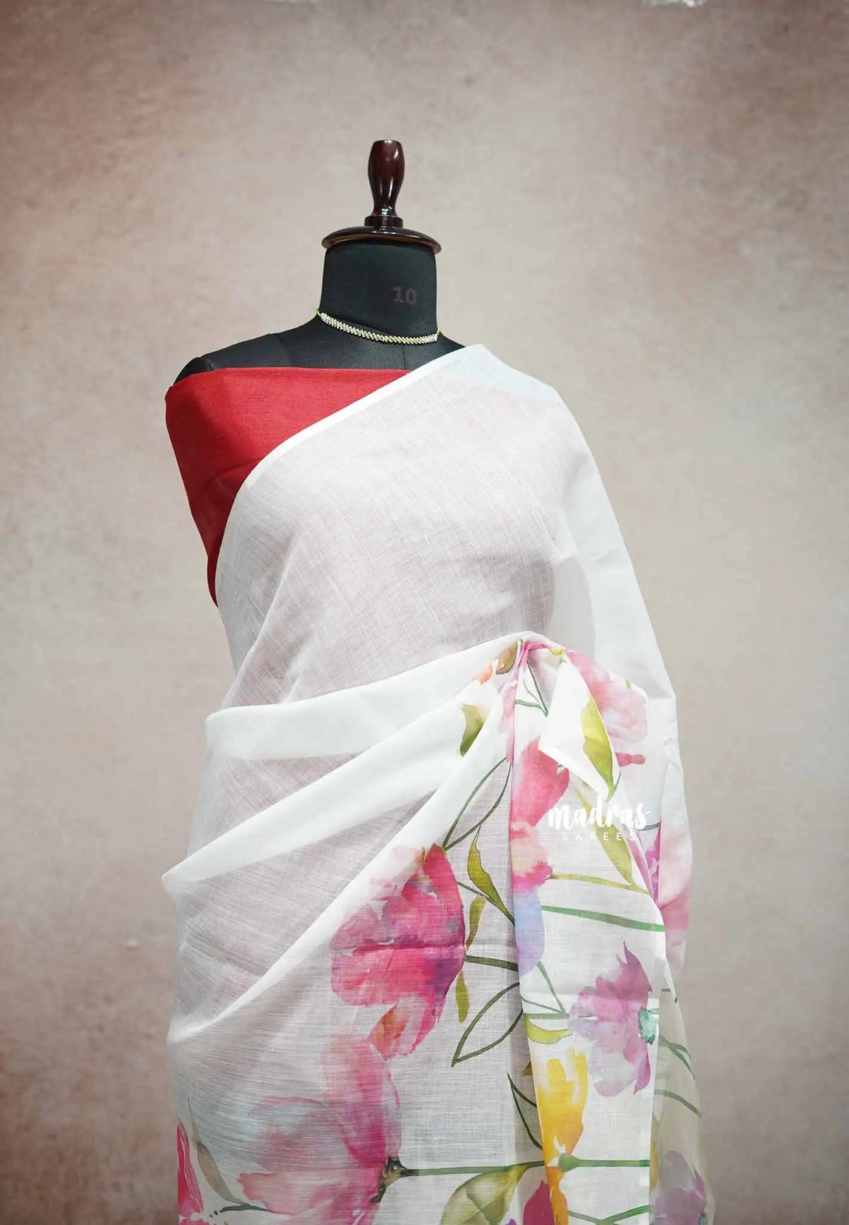 White Linen cotton with floral prints with Red raw silk blouse