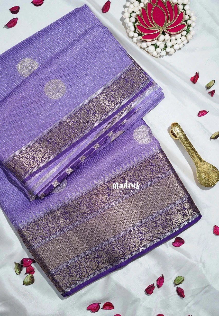 Lavender Purple - Durga - Banarasi Premium Viscose Silk with Micro Zari Checks and Temple Sculpture Rich Border - Best for Pooja Functions | Diwali Festive