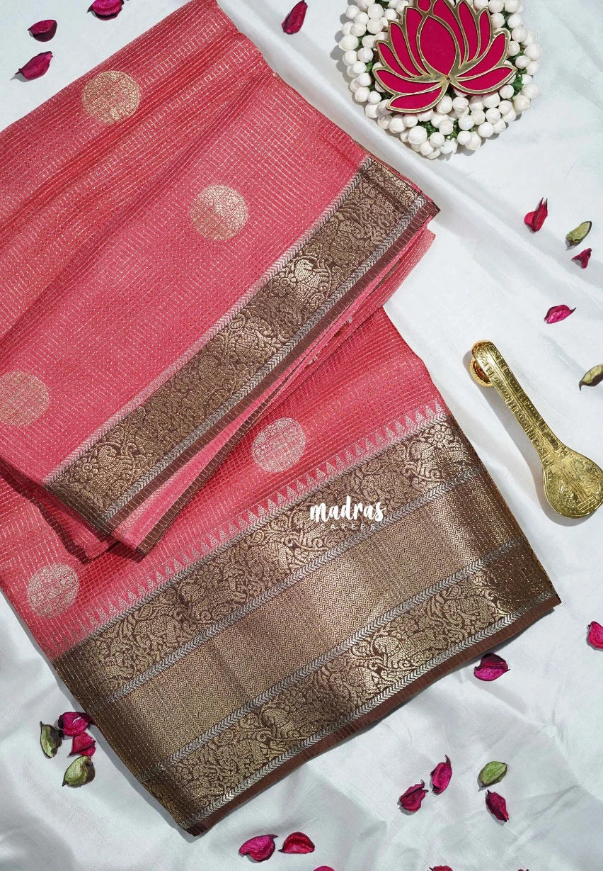 Peach Red - Durga - Banarasi Premium Viscose Silk with Micro Zari Checks and Temple Sculpture Rich Border - Best for Pooja Functions | Diwali Festive