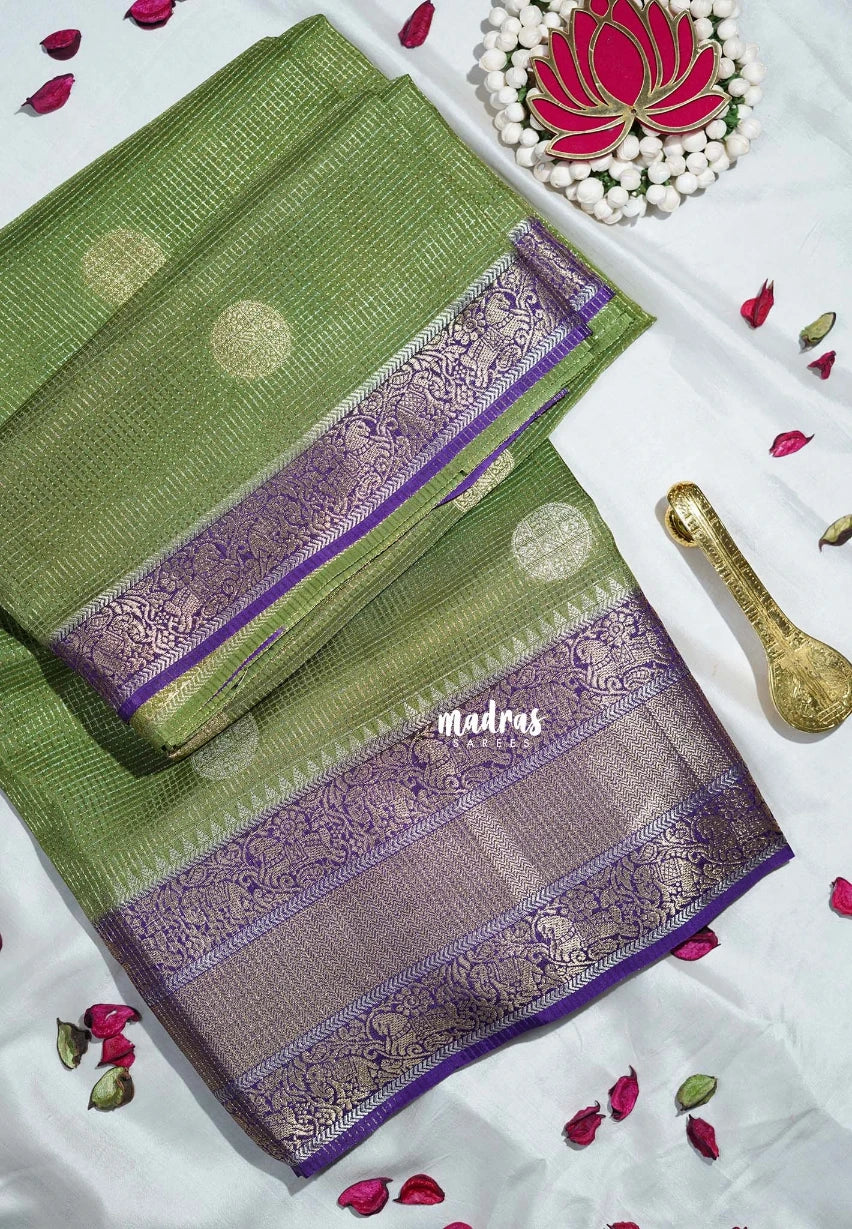 Chutney Green - Durga - Banarasi Premium Viscose Silk with Micro Zari Checks and Temple Sculpture Rich Border - Best for Pooja Functions | Diwali Festive