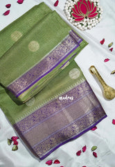 Chutney Green - Durga - Banarasi Premium Viscose Silk with Micro Zari Checks and Temple Sculpture Rich Border - Best for Pooja Functions | Diwali Festive
