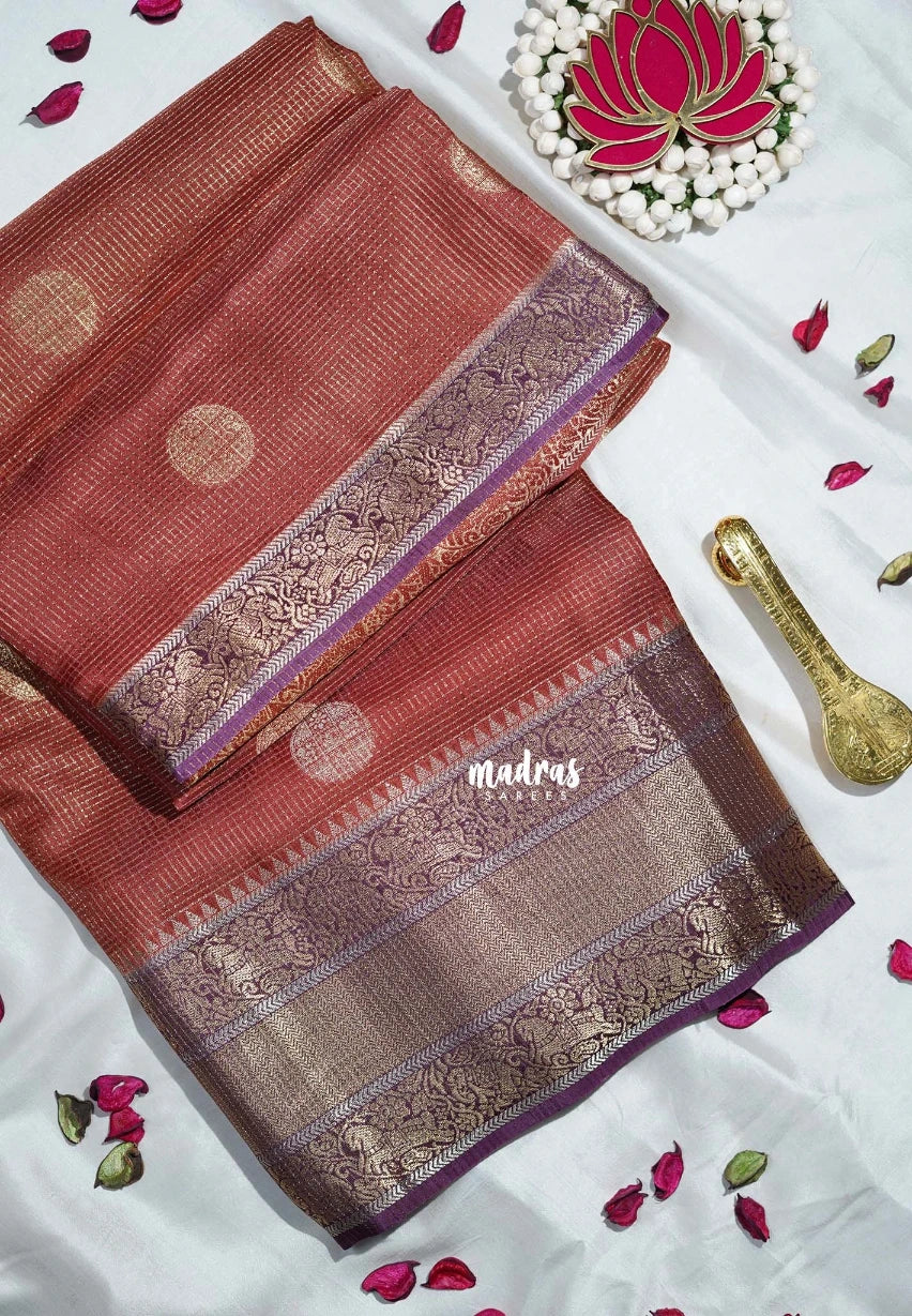 Brich Brown - Durga - Banarasi Premium Viscose Silk with Micro Zari Checks and Temple Sculpture Rich Border - Best for Pooja Functions | Diwali Festive