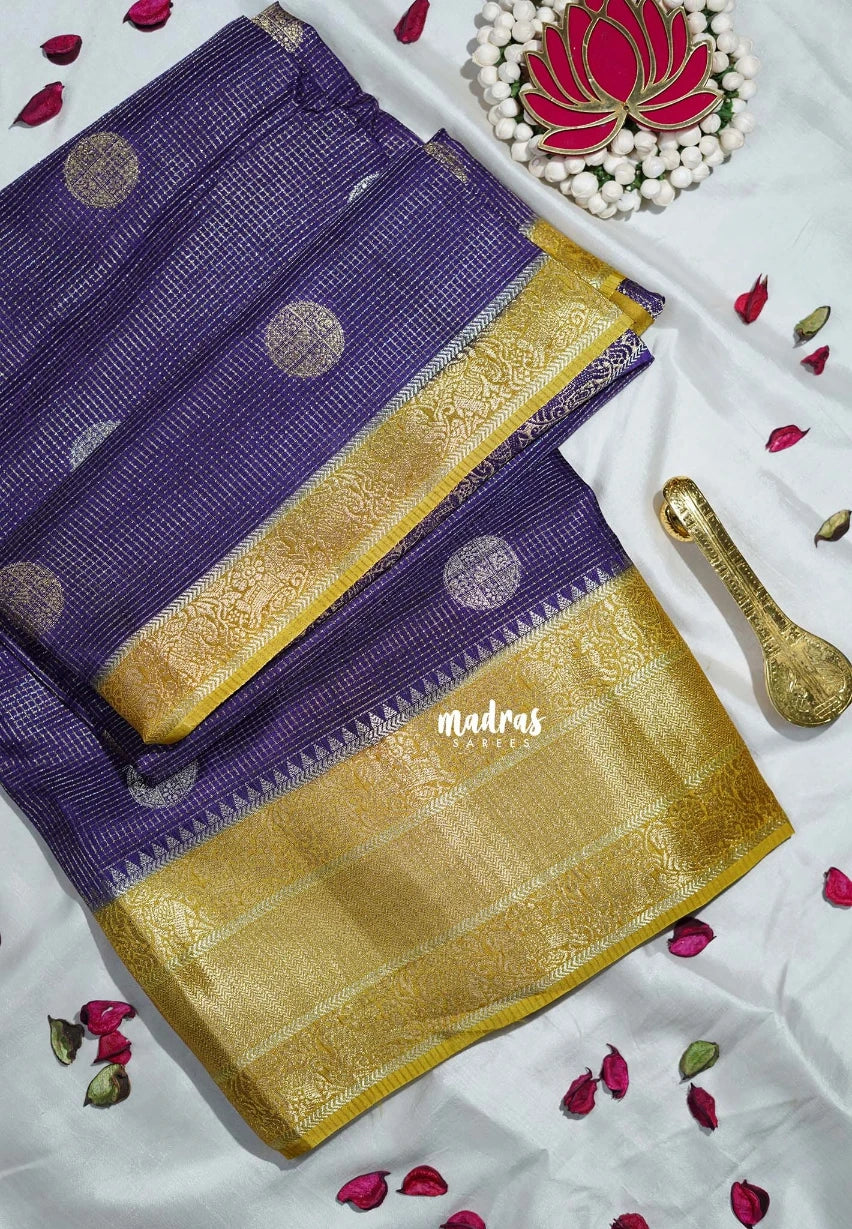 Royal Purple - Durga - Banarasi Premium Viscose Silk with Micro Zari Checks and Temple Sculpture Rich Border - Best for Pooja Functions | Diwali Festive
