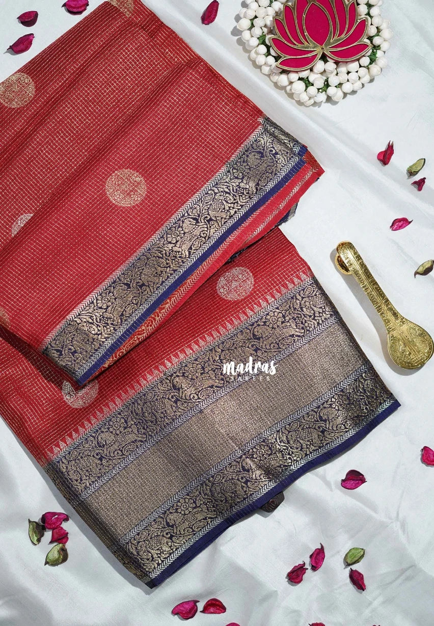 Brick Red - Durga - Banarasi Premium Viscose Silk with Micro Zari Checks and Temple Sculpture Rich Border - Best for Pooja Functions | Diwali Festive