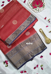 Brick Red - Durga - Banarasi Premium Viscose Silk with Micro Zari Checks and Temple Sculpture Rich Border - Best for Pooja Functions | Diwali Festive