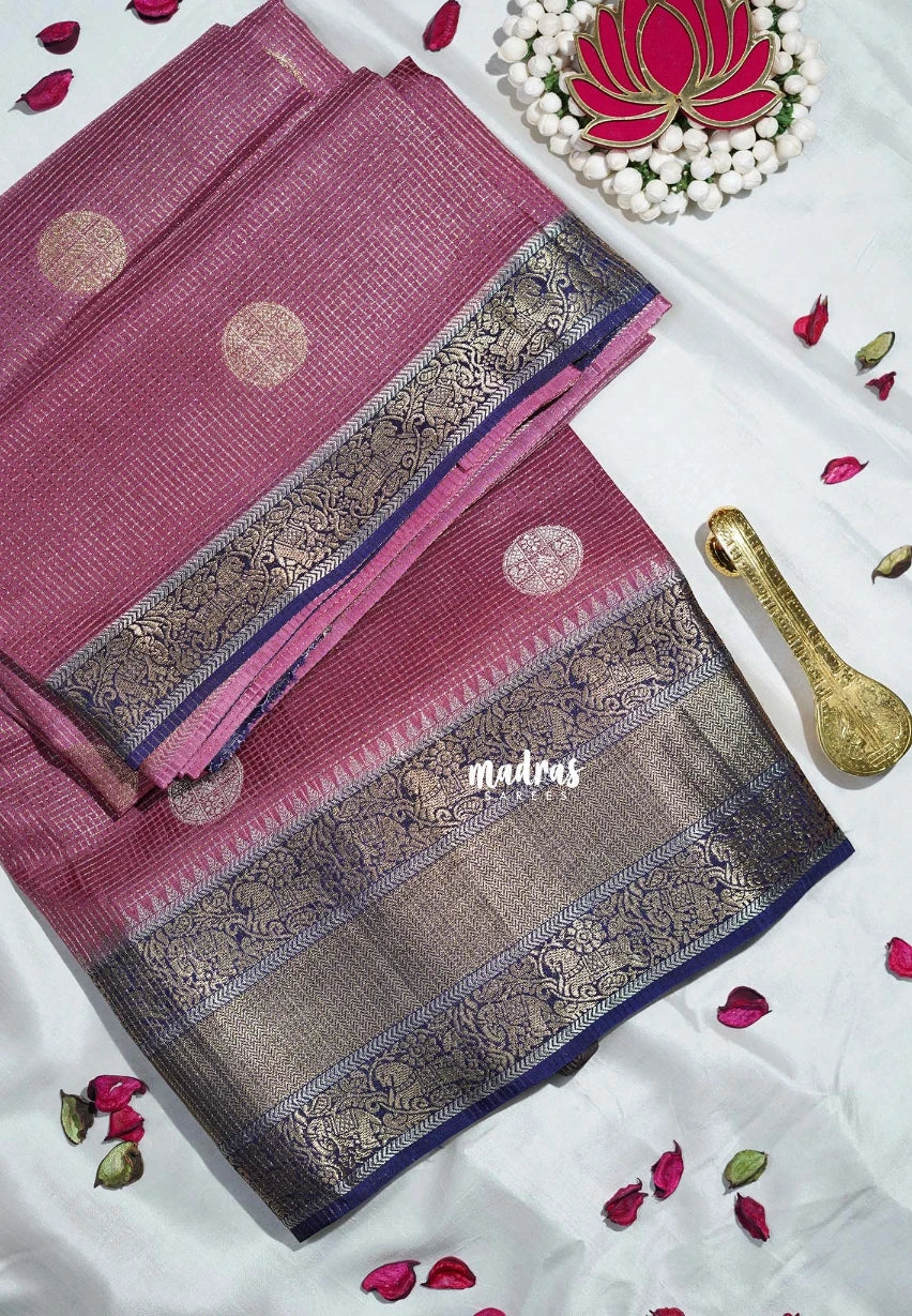 Dark Onion Pink - Durga - Banarasi Premium Viscose Silk with Micro Zari Checks and Temple Sculpture Rich Border - Best for Pooja Functions | Diwali Festive
