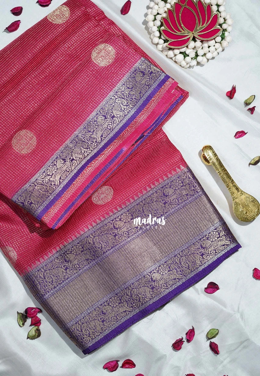 Reddish Pink - Durga - Banarasi Premium Viscose Silk with Micro Zari Checks and Temple Sculpture Rich Border - Best for Pooja Functions | Diwali Festive