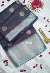Midnight Navy Blue - Durga - Banarasi Premium Viscose Silk with Micro Zari Checks and Temple Sculpture Rich Border - Best for Pooja Functions | Diwali Festive