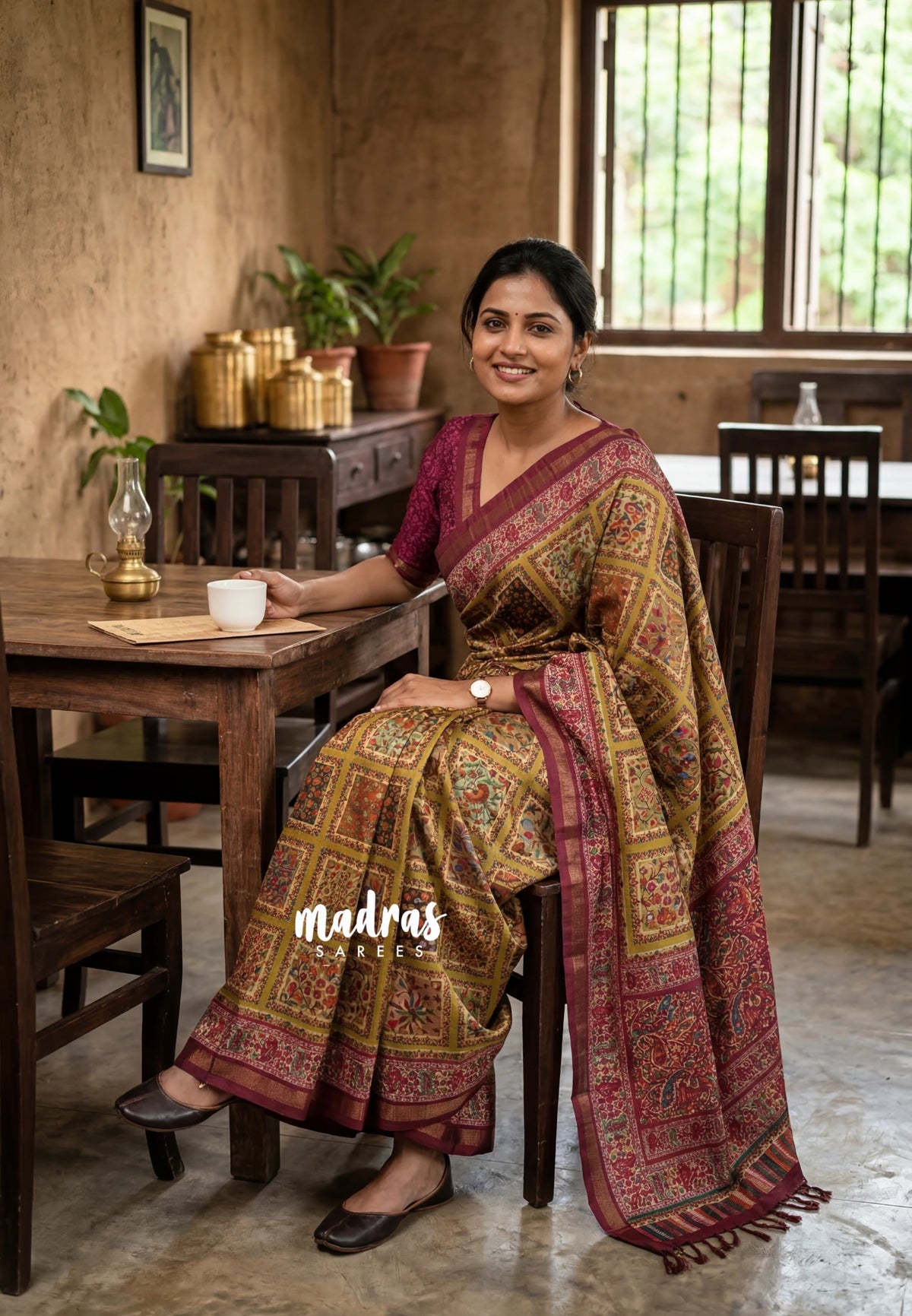 Muted Mustard - Yamini Paper Silk Digital Prints with Contrast Pallu and Blouse - Perfect Office Wear | Casual Wear