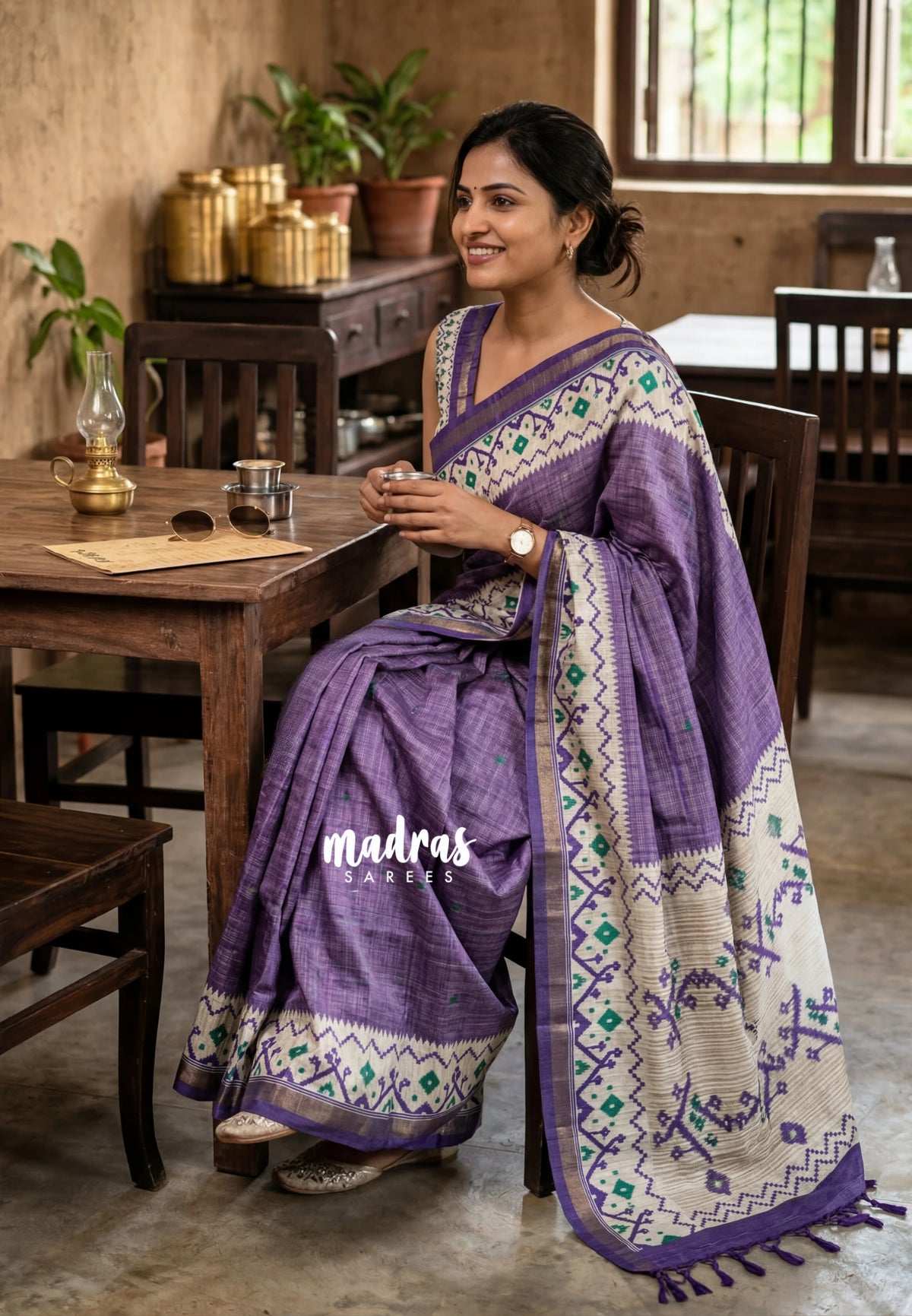 Muted Purple - Yamini Paper Silk Checks in Body with Printed Patola Border - Perfect Office Wear | Casual Wear