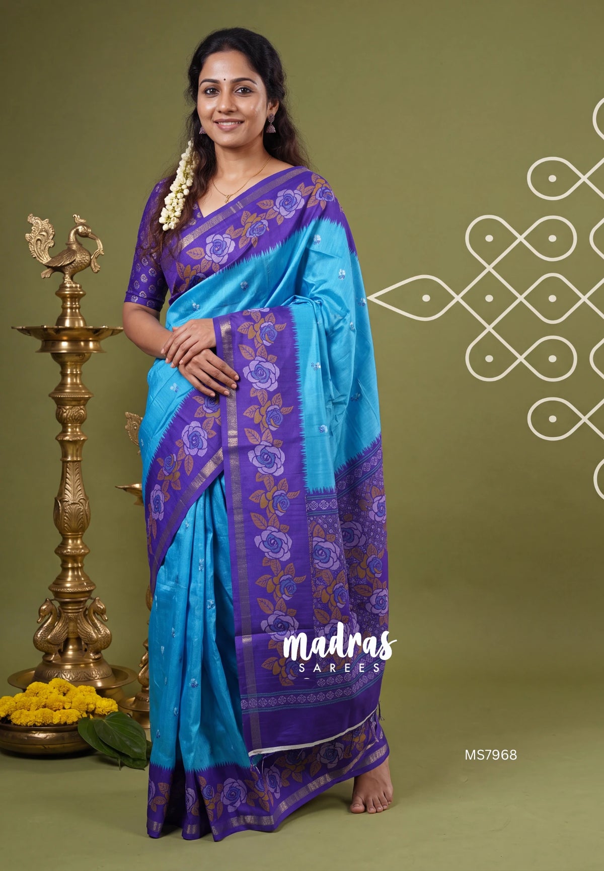 Ananda Blue - Yamini Paper silk with Rose Floral Border - Perfect Office Wear