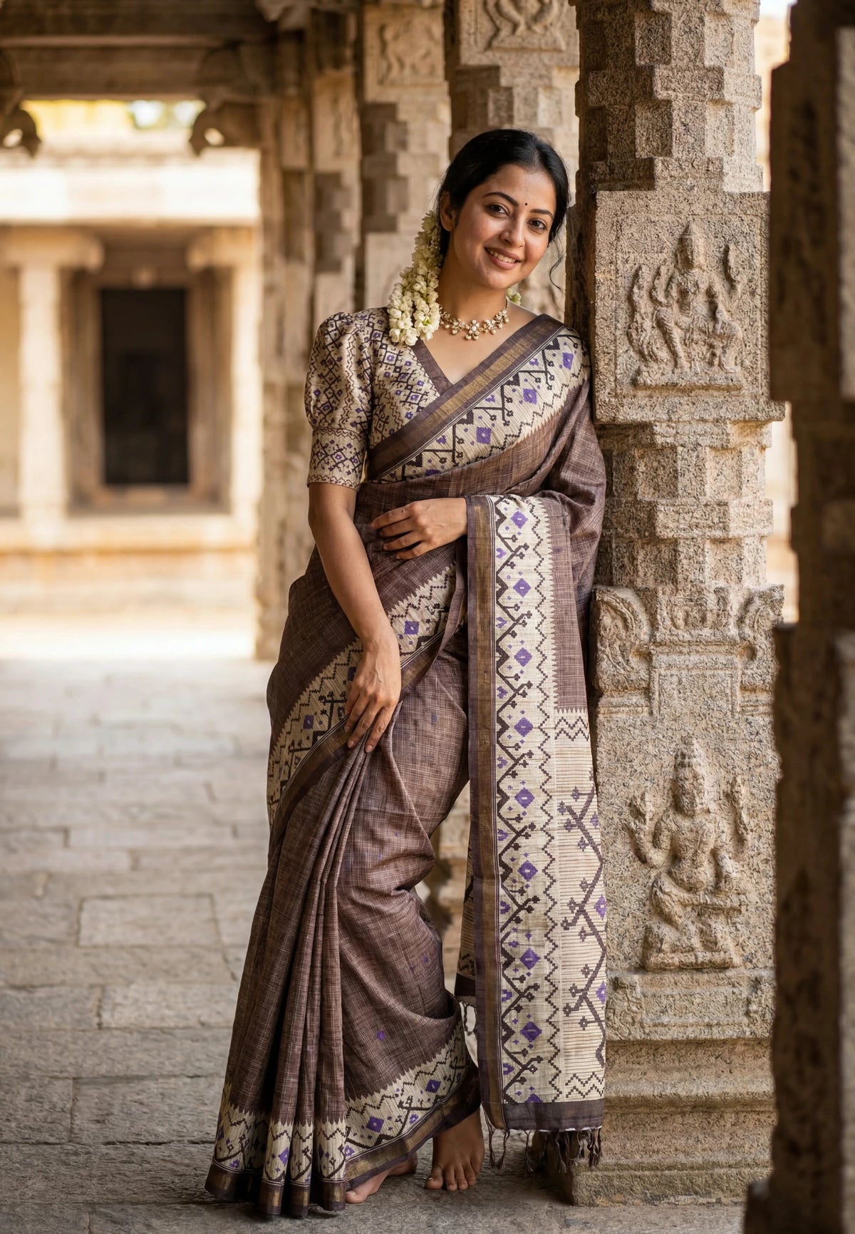 Muted Brown - Yamini Paper Silk Checks in Body with Printed Patola Border - Perfect Office Wear | Casual Wear