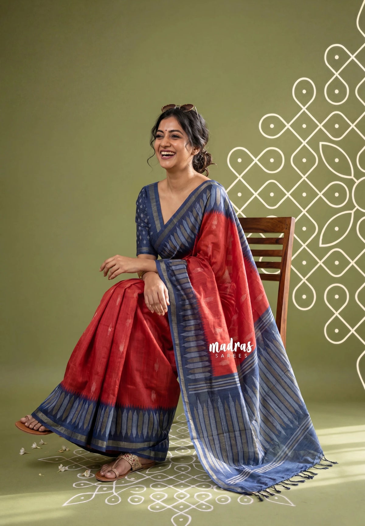 Dark Red - Yamini Paper Silk with Contrast Pallu and Blouse with Printed Ikkat Buttas - Perfect Office Wear | Casual Wear