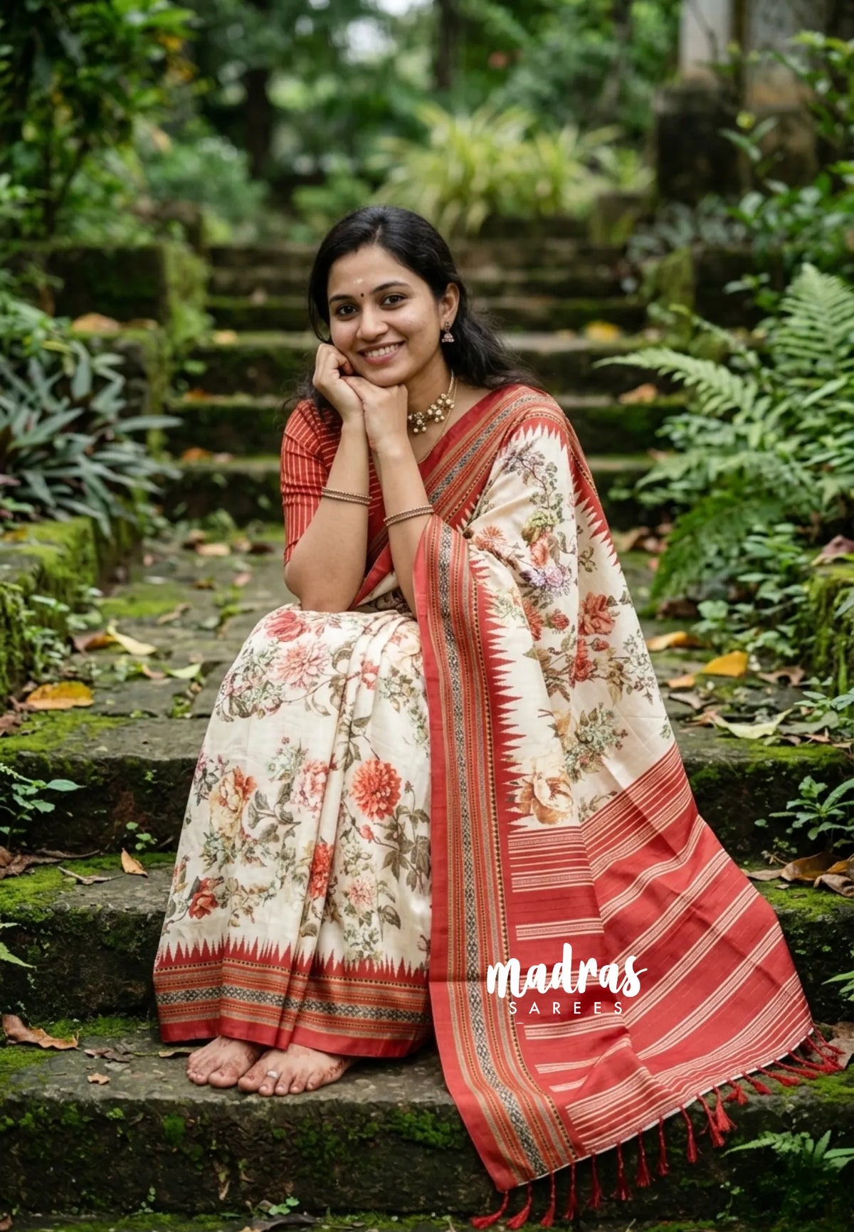 Ivory Beige - Yamini Paper Silk Stripes in Body with Floral Prints - Office Wear | Casual Wear